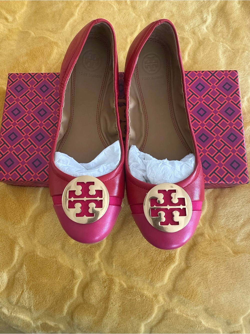 Tory Burch Brilliant Red/Bright Azalea Minnie Cap Toe Women's Leather Ballet